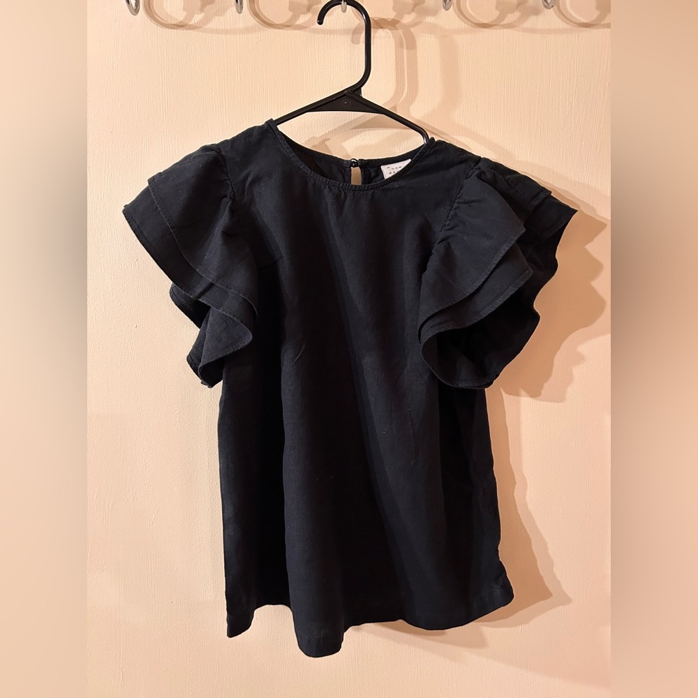 XS linen/ rayon black blouse w/ ruffled short sleeves
